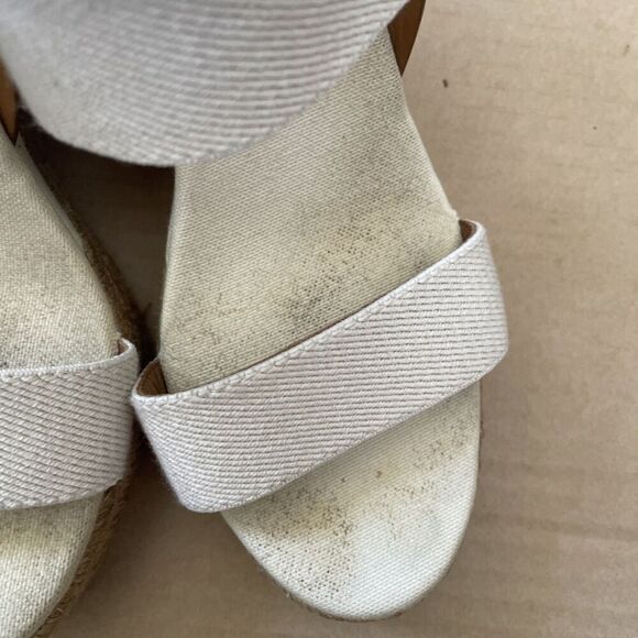 Tory Burch Sandals 9.5 Espadrille Slingback Cream Brown Canvas Casual Wedges - Picture 7 of 11